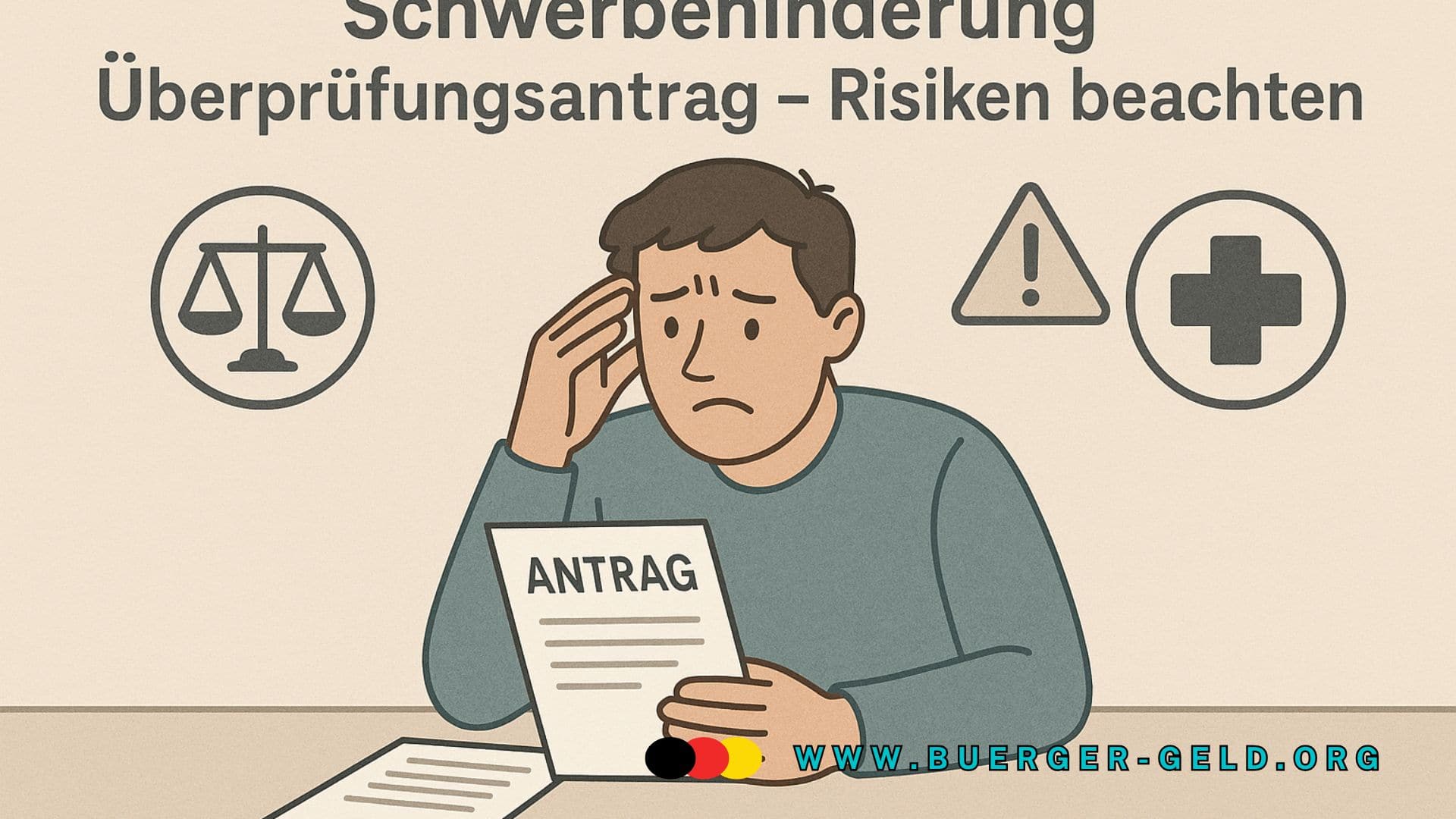 Zeichnung mit besorgtem Mann am Tisch, der einen Atrag vor sich hat