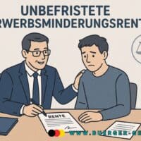 Unbefristete Erwerbsminderungsrente: Wann besteht Anspruch? Der rechtliche Rahmen einfach erklärt 4 Illustration zeigt Menschen in Deutschland, die Unterstützung zur Erwerbsminderungsrente erhalten, mit Symbolen für Beratung, soziale Sicherheit und rechtliche Begleitung. Im Hintergrund erkennbare Elemente wie Akten, Paragraphenzeichen und Antragsformulare im Querformat.