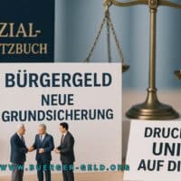 Bürgergeld wird durch Neue Grundsicherung ersetzt: Union erhöht Druck auf SPD 4 Spielfiguren vor Sozialgestzbuch und Justiz-Waage