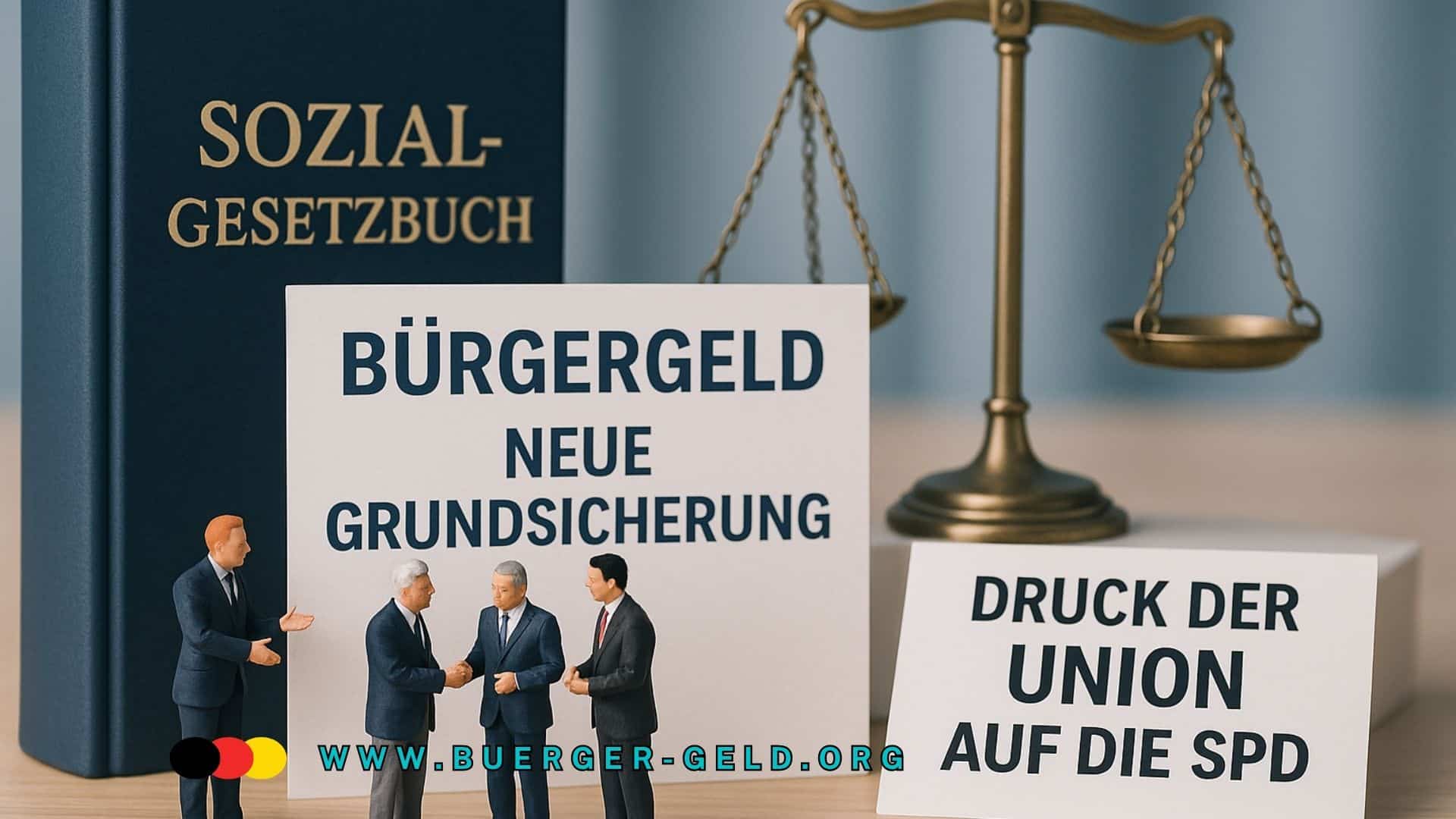 Spielfiguren vor Sozialgestzbuch und Justiz-Waage