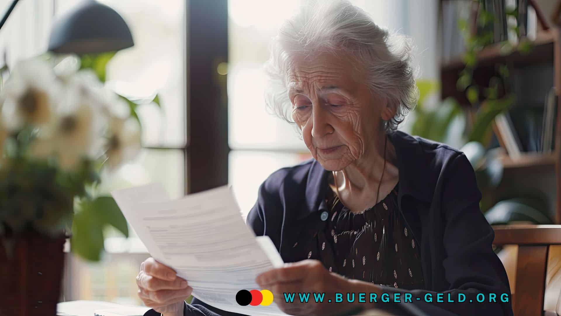 Ältere Frau sitzt in einem hellen Wohnzimmer am Tisch und prüft aufmerksam amtliche Dokumente oder einen Bescheid. Auf dem Tisch liegen Papiere, Blumen sind im Vordergrund zu sehen, Bücherregale und Zimmerpflanzen bilden den Hintergrund. Im unteren Bildbereich steht die Webadresse "www.buerger-geld.org".