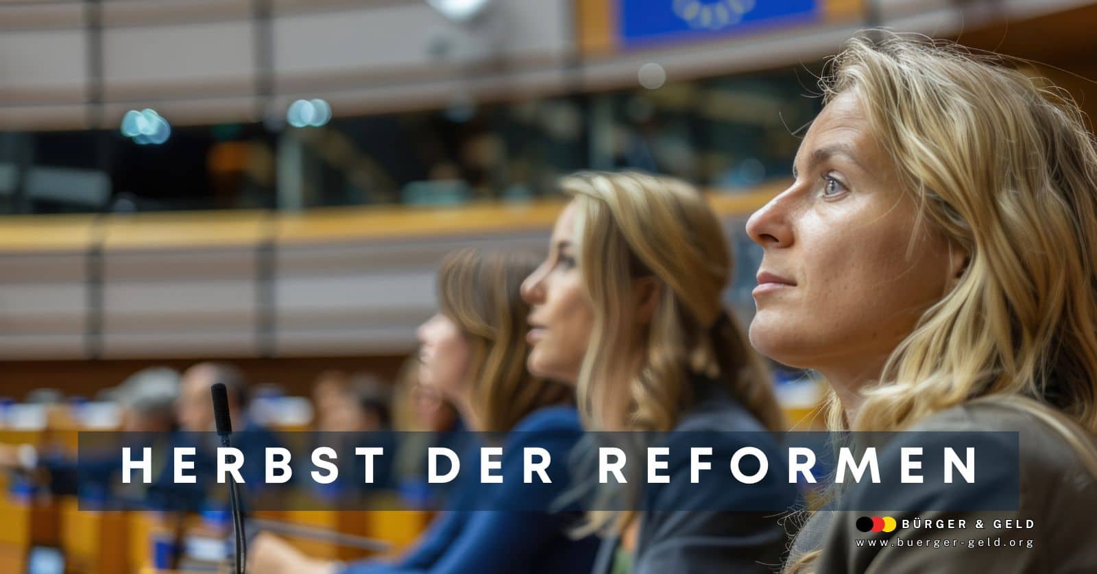 Politikerinnen und Politiker in moderner Parlamentsumgebung während einer Debatte, symbolisch für den Herbst der Reformen in Deutschland; Bild für Artikel auf Bürger & Geld.