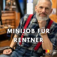Minijob für Rentner 2025: So nutzen Sie die neuen Regeln für Ihr Plus zur Rente! 5 Ein älterer Mann mit weißem Bart sitzt entspannt auf einem Friseurstuhl in einem Barbershop. Er trägt ein kariertes Hemd, rote Hosenträger, Jeans und ein Perlenarmband. Im Vordergrund ist der Text „Minijob für Rentner“ in großen weißen Buchstaben eingeblendet. Unten rechts befinden sich das Logo und die Webadresse von „Bürger & Geld“. Die Umgebung wirkt gemütlich und stilvoll mit Friseurutensilien und Spiegeln im Hintergrund.