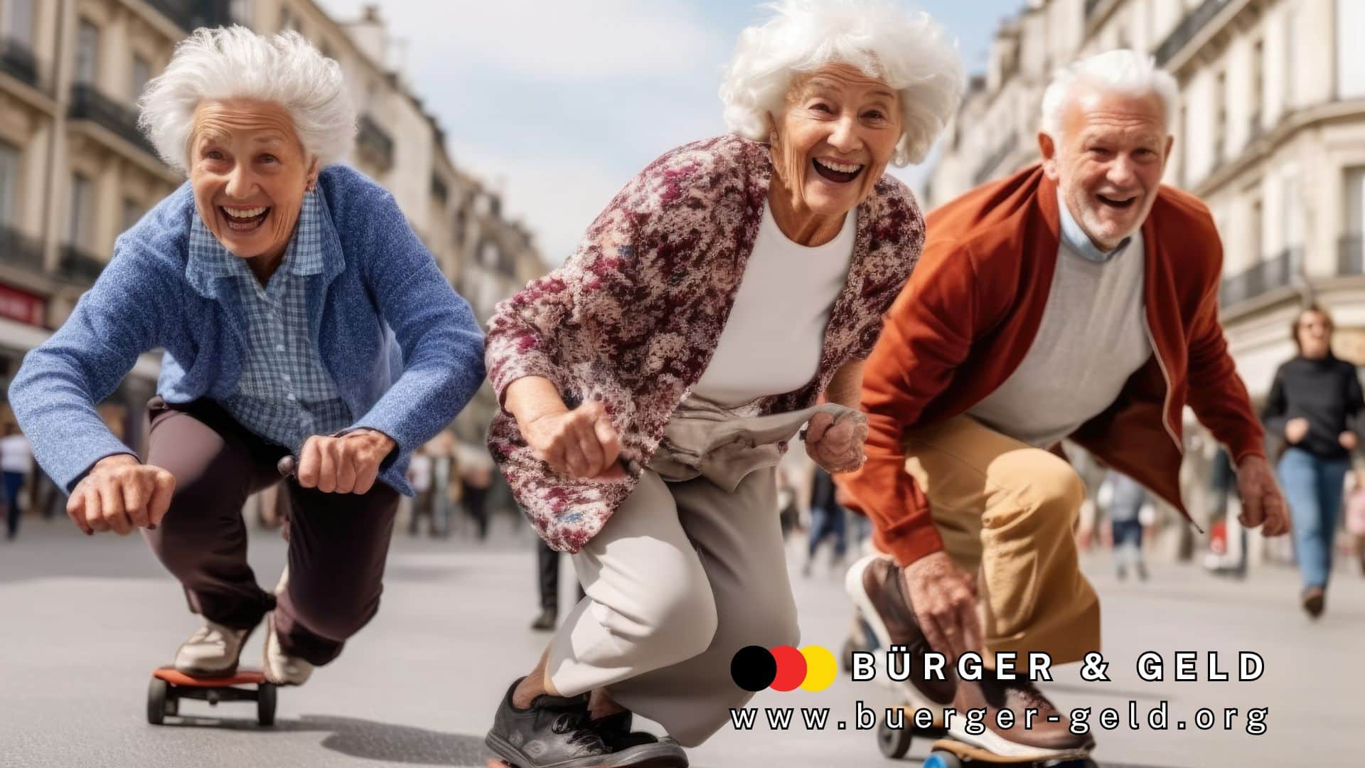 Drei sportliche Seniorinnen und Senioren fahren mit Skateboards dynamisch durch eine belebte Innenstadt. Im Vordergrund modisch und aktiv gekleidete ältere Menschen, im Hintergrund Stadthäuser und Passanten. Das Bild symbolisiert Lebensfreude und steht im Kontext Renteneintrittsalter, aktiver Ruhestand und Rente 2025. Logo und die URL des Nachrichtenmagazins Bürger & Geld sind eingeblendet.