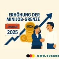 Verdienstgrenze Minijob – Was ändert sich 2026? 5 Zeichnung auf der Mann einer Frau die Hand schüttelt, vor den Worten "Erhöhung Minijobgrenze"