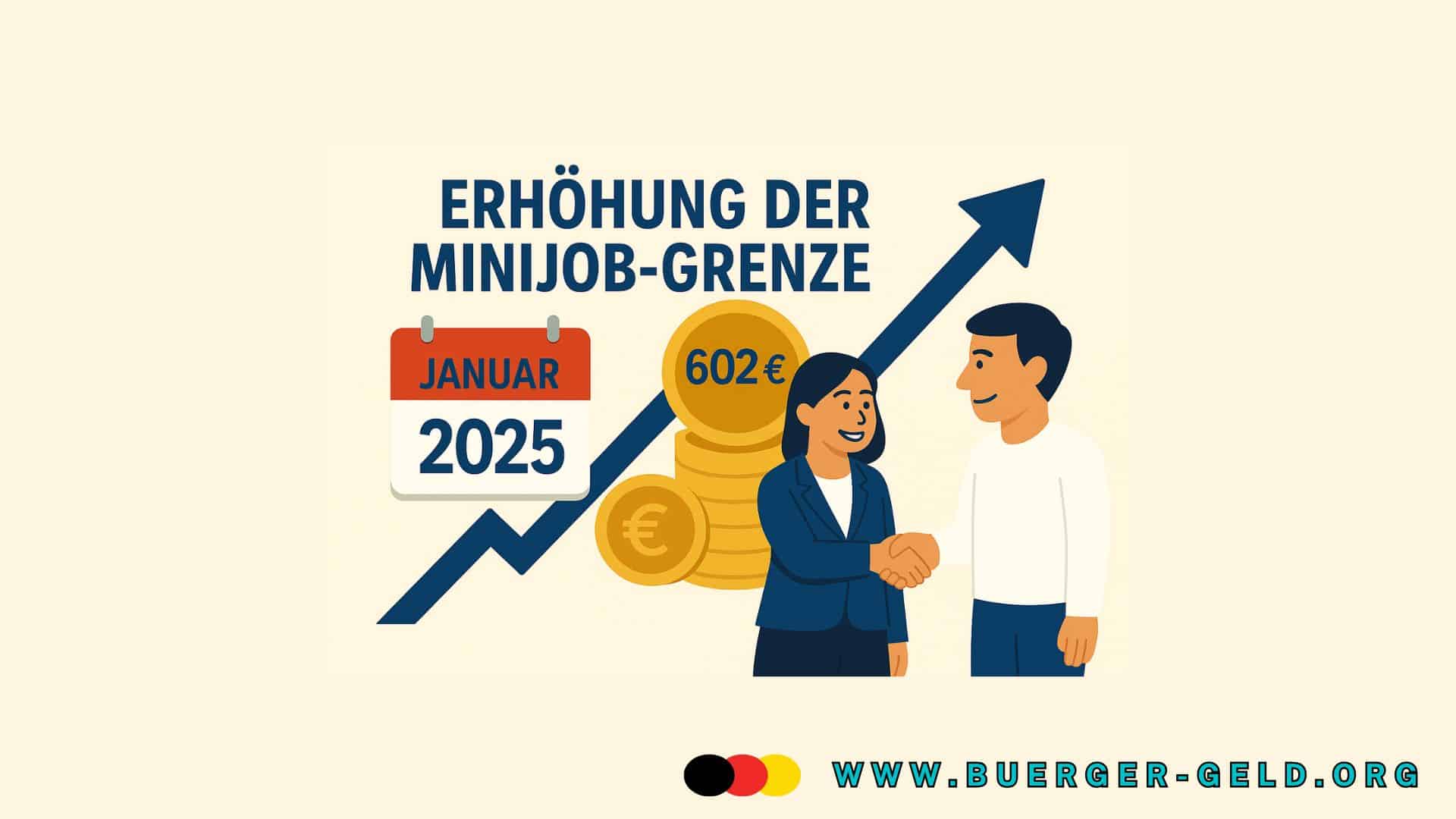 Zeichnung auf der Mann einer Frau die Hand schüttelt, vor den Worten "Erhöhung Minijobgrenze"