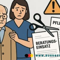 Pflicht nicht beachtet – Pflegegeld wird gestrichen! 4 Älterer Mann traurig, den Pflegerin in Arm nimmt (Zeichnung)