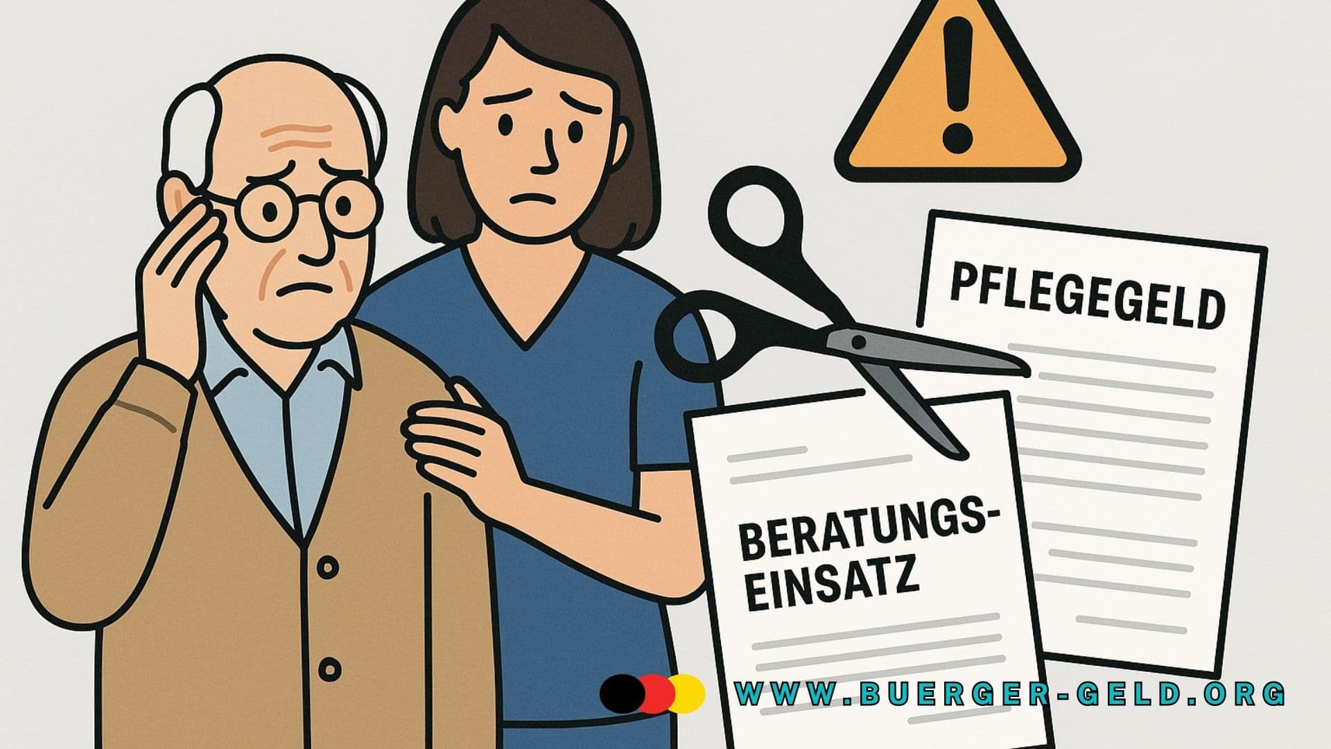 Älterer Mann traurig, den Pflegerin in Arm nimmt (Zeichnung)