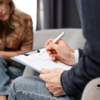 Sucht und Bürgergeld: Warum niemand auf dringend benötigte Beratung verzichten muss 4 Eine Frau sitzt mit nachdenklicher Haltung auf einem Sessel und spricht mit einer Person, die auf einem Klemmbrett Notizen macht – Beratungsgespräch zur Suchtproblematik im Rahmen des Bürgergelds.