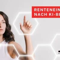 Unglaublich: KI soll künftig bestimmen, wann Sie in Rente gehen 4 unge Frau mit nachdenklichem Blick berührt ein virtuelles Sechseck; Grafik und Schriftzug „Renteneintritt nach KI-Bescheid“, Symbolik für Digitalisierung und die Entscheidung über den Rentenbeginn durch Künstliche Intelligenz.