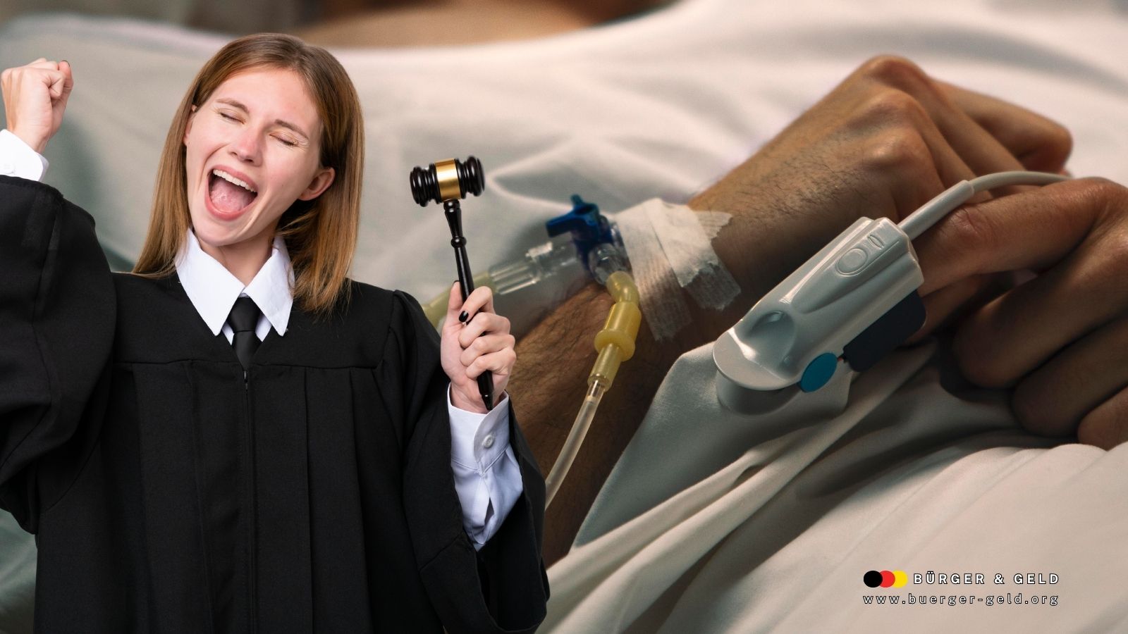 Richterin mit erhobenem Arm und Richterhammer vor Hand eines Krebspatienten mit Infusion – Symbolbild für ein Gerichtsurteil zugunsten von Menschen mit Schwerbehinderung, erstellt für Bürger & Geld.