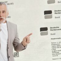 Übergangsregel endet: Jahrgang 1963 kann als Letzter früher in Rente 4 Mann mit Rentenbescheid der Deutschen Rentenversicherung zeigt auf Dokumente – Jahrgang 1963 nutzt letzte Chance auf frühere abschlagsfreie Rente.