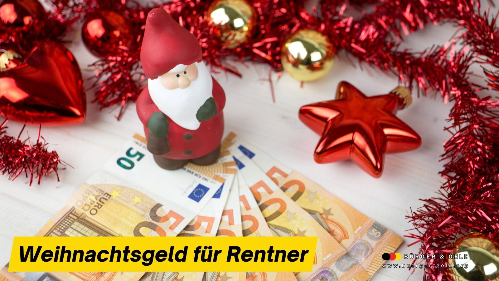 Weihnachtsgeld für Rentner – Weihnachtsdeko, Geldscheine und Nikolausfigur symbolisieren steuerfreies Extra-Geld im Minijob 2025.