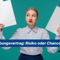 Aufhebungsvertrag: Chancen, Risiken und Sperrzeit beim Arbeitslosengeld 5 Junge Frau im Büro-Outfit schaut unsicher, hält in beiden Händen jeweils mehrere leere Blätter, im Vordergrund ein Banner mit der Aufschrift „Aufhebungsvertrag: Risiko oder Chance?“, darunter das Logo von Bürger & Geld.