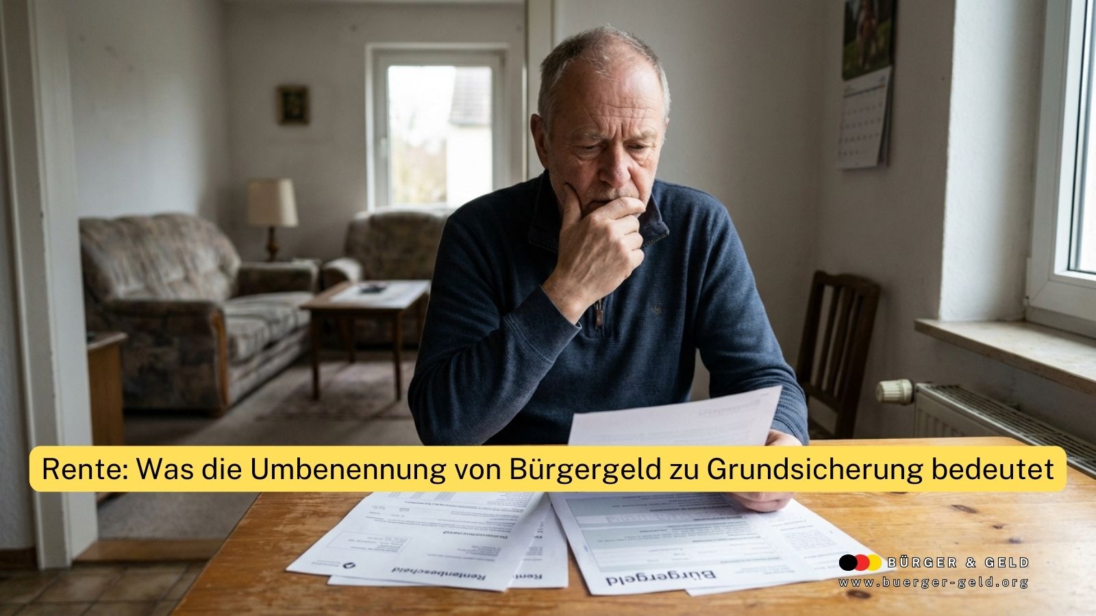 Mann liest Dokumente am Tisch.