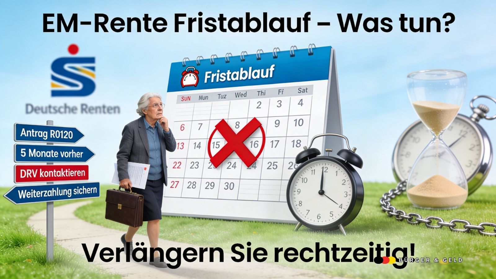 KI erstelltes Symbolfoto EM Rente, Fristablauf: Frau vor Kalender und Uhr