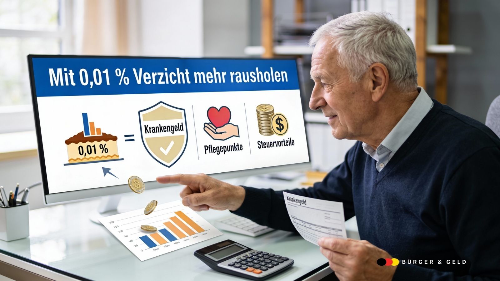 Symbolbild von KI erstellt: Rentner am PC verzichtet auf 0,01 Prozent Rente