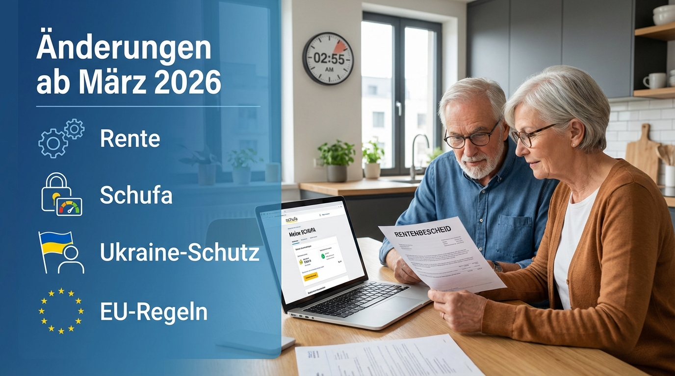 Infografik zu Gesetzesänderungen Rente und Schufa März 2026