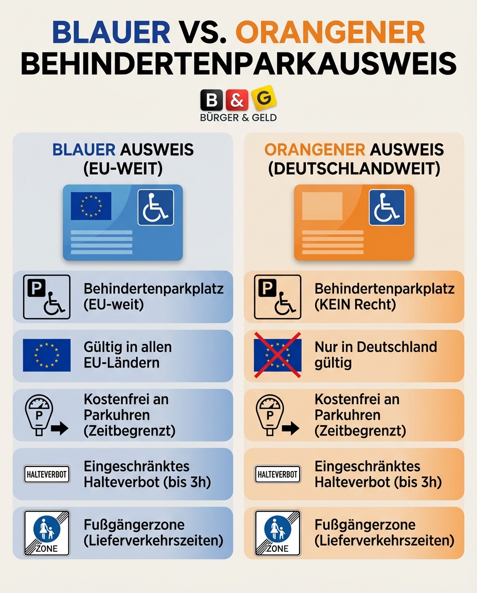 Infografik Blauer vs Orangener Behindertenparkausweis Infografik: Vergleich der Parkrechte zwischen blauem und orangenem Parkausweis