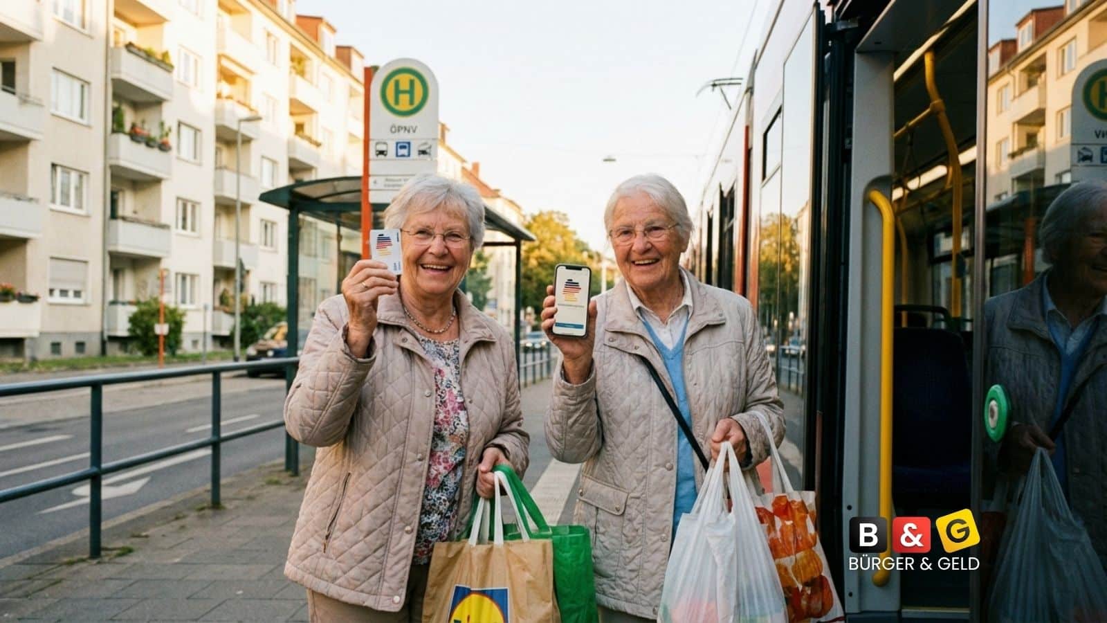 Zwei ältere Frauen mit Einkaufstaschen an Bushaltestelle mit Deutschlandticket