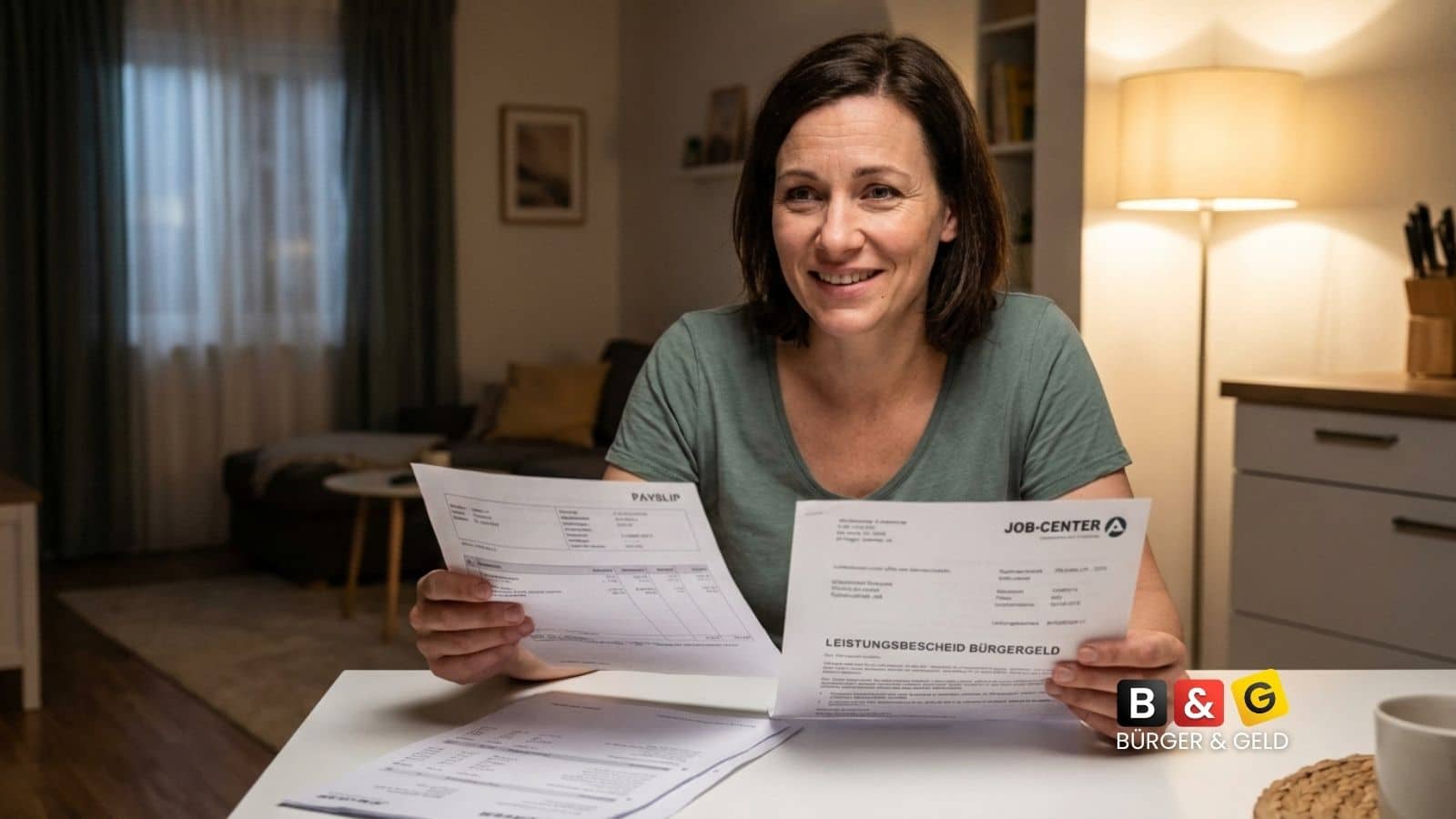 Frau mit Dokumenten am Tisch: Gehaltsabrechnung und Bürgergeld-Bescheid vom Jobcenter