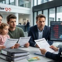 Krankenkassen zahlen Milliarden für Bezieher von Bürgergeld / Grundsicherung für Arbeitsuchende drauf 3 Familie im Jobcenter mit Dokumenten