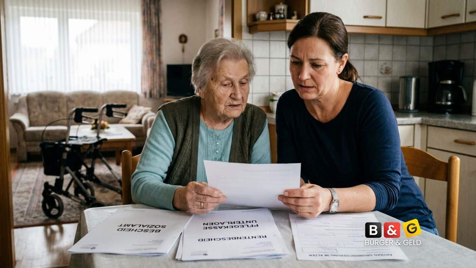 Zwei Frauen prüfen Dokumente zum Pflegegeld und Rente plus Grundsicherung am Tisch.
