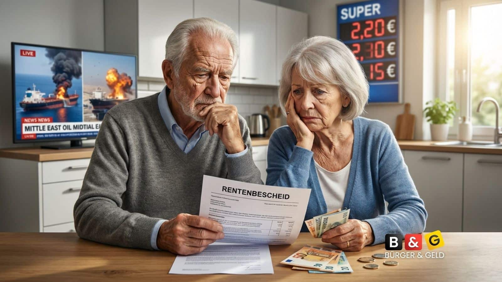 Älteres Paar betrachtet Rentenbescheid besorgt - Bremst Irak Krieg die Rentenerhöhung durch Inflation aus?