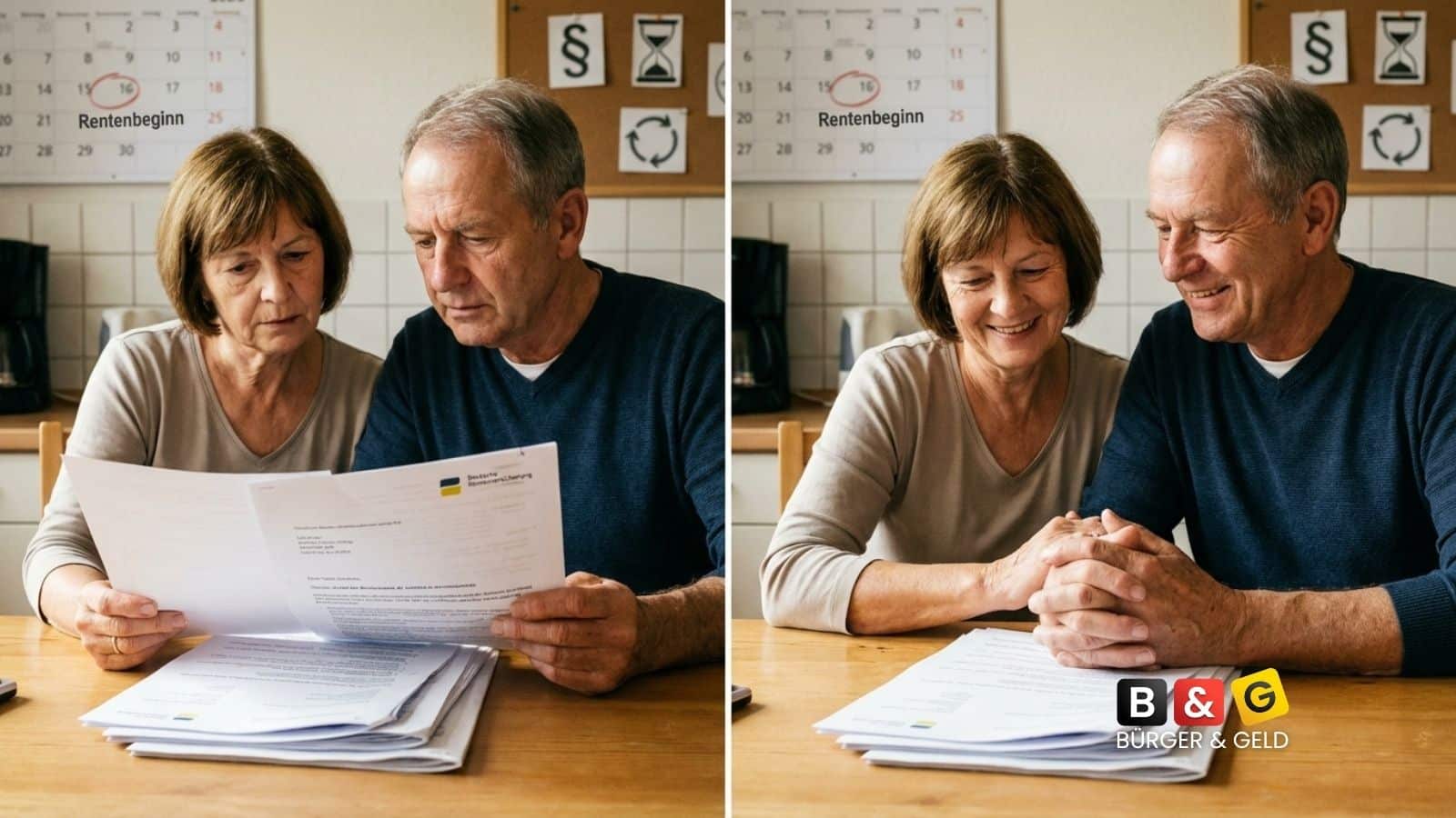 Älteres Paar betrachtet Rentendokumente zur EM-Rente und normalen Altersrente.