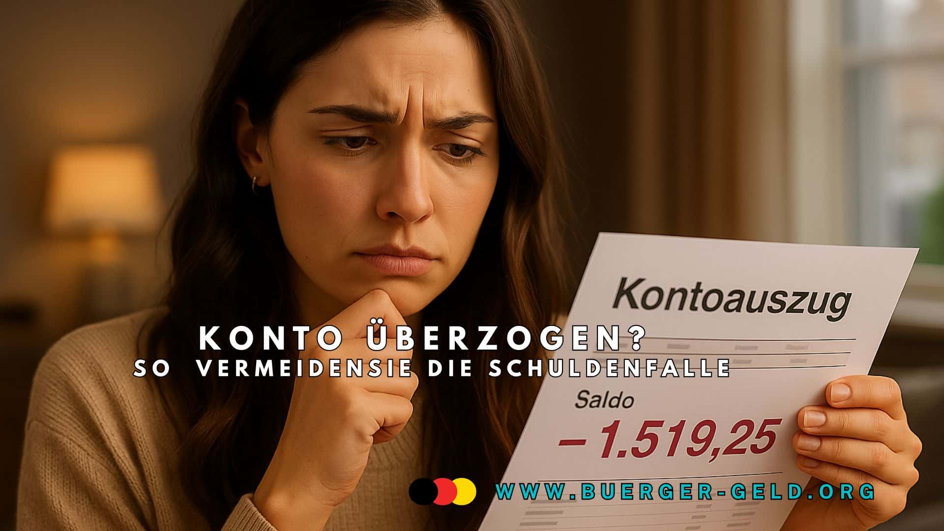 Eine Frau schaut verzweifelt einen Kontoauszug an