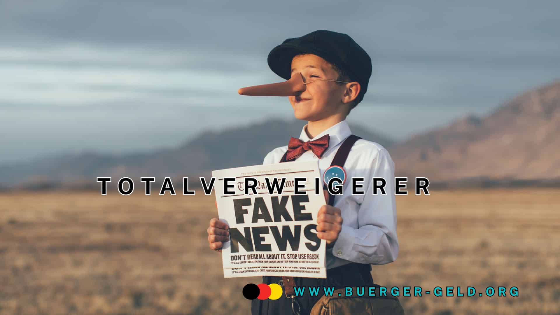 Kind mit langer, aufgesetzter Nase und Zeitung mit Titel "Fake-News" in der Hand