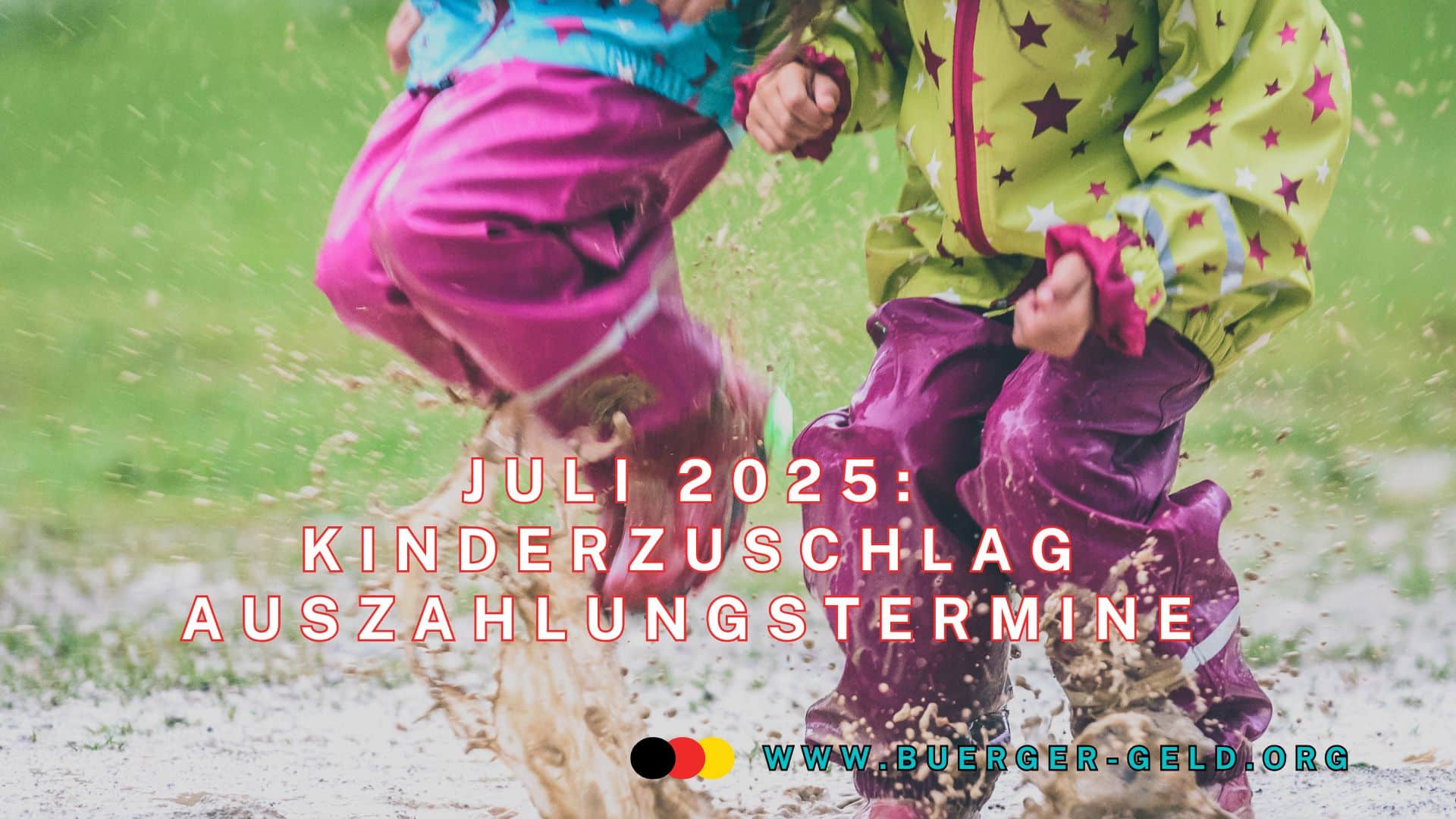 zwei Kinder hüpfen in einer Pfütze