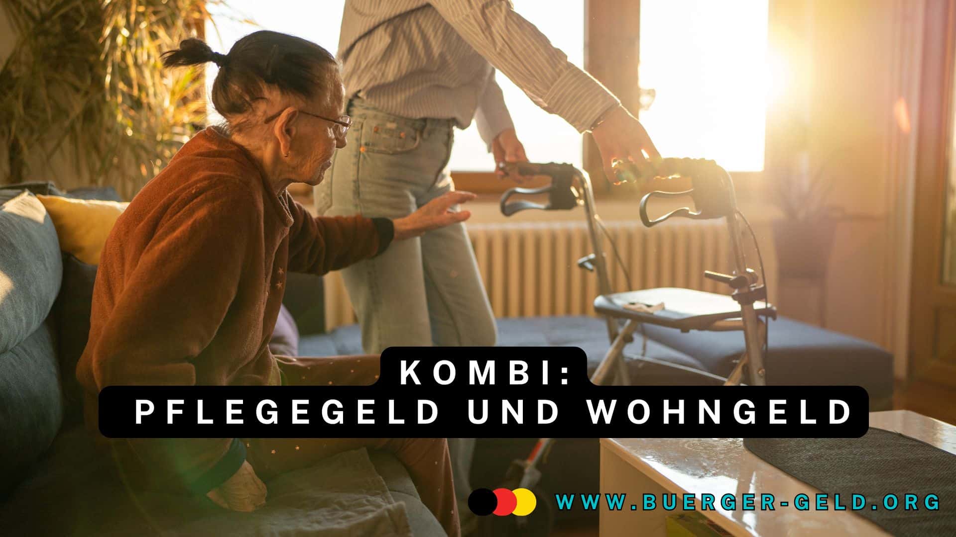 junge Frau hilft älterer, pflegebedürftiger Frau mit Rollator