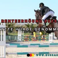 Pferd mit Reiter springt über Hürde