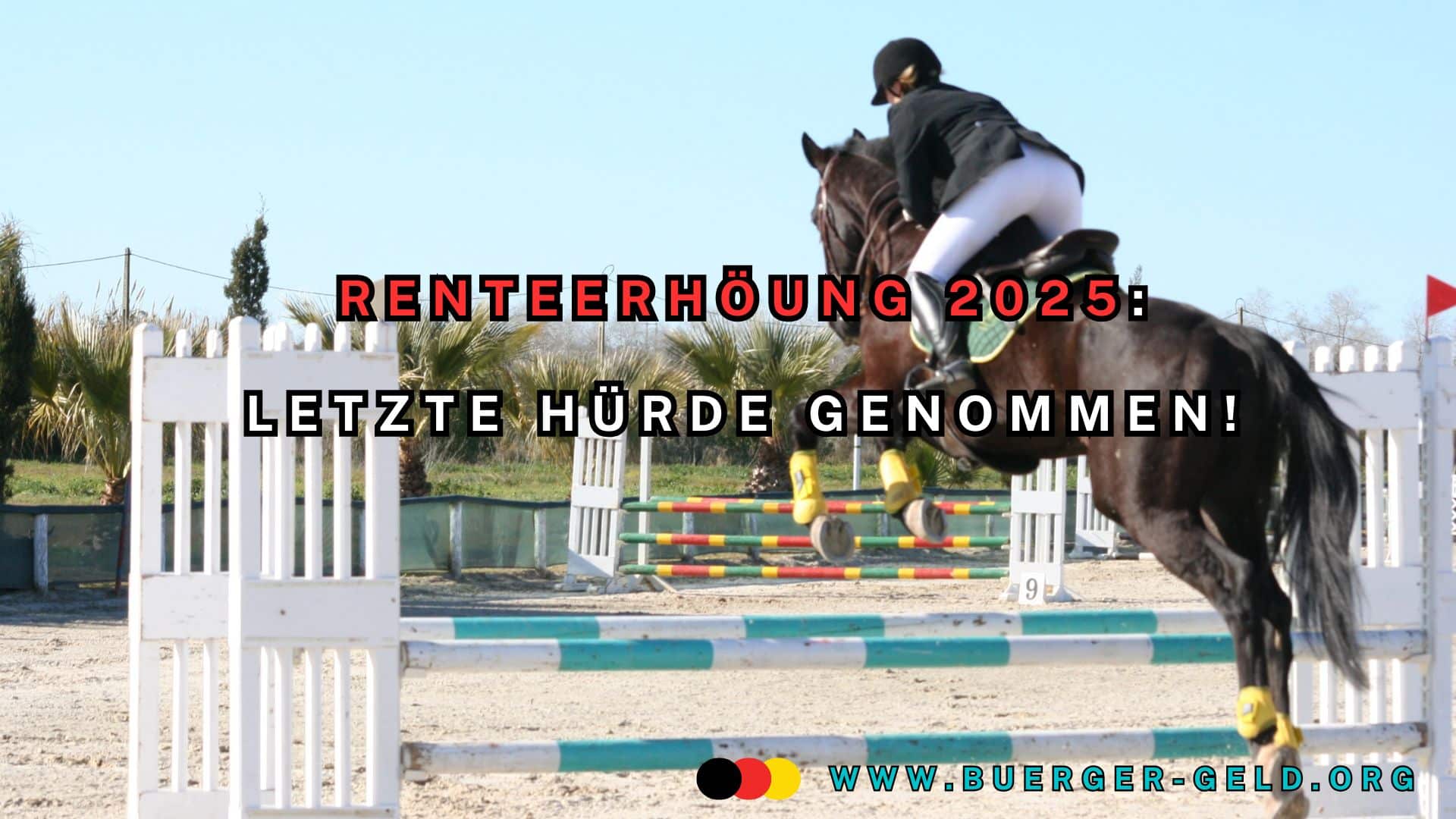 Pferd mit Reiter springt über Hürde