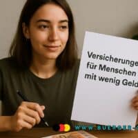 Eine Frau sitzt am Tisch, hat 2 Geldscheine vor sich und hält einen Zettel in der linken Hand