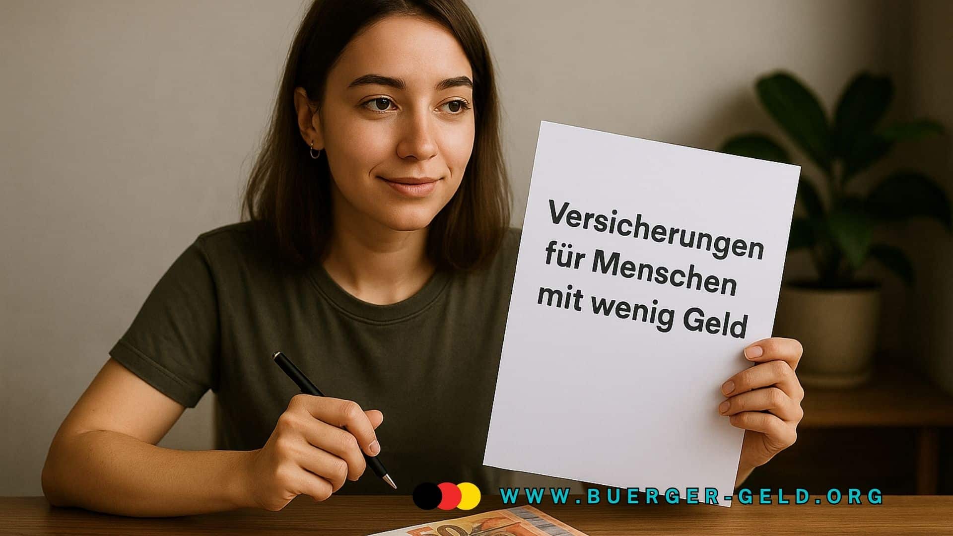 Eine Frau sitzt am Tisch, hat 2 Geldscheine vor sich und hält einen Zettel in der linken Hand