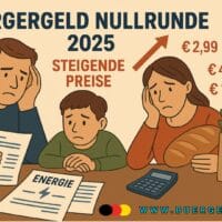 Familie sitzt am Küchentisch und blickt besorgt auf Rechnungen und Unterlagen; im Hintergrund Symbol für steigende Lebenshaltungskosten und Bürgergeld Nullrunde 2025.