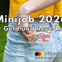 Eine Person steckt einen 10- und einen 20-Euro-Schein in die Gesäßtasche einer hellblauen Jeans. Darüber liegt der Text: „Minijob 2026 – Mehr Geld und neue Regeln“. Unten rechts ist das Logo und der Schriftzug von „Bürger & Geld“ sowie die Website www.buerger-geld.org zu sehen.