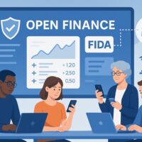 Ein fotorealistisches Bild im Querformat zeigt eine junge Frau am Laptop, die in einer modernen, hellen Wohnung sitzt. Auf dem Bildschirm sind Symbole für Finanzen und Datenschutz zu sehen. Im Hintergrund erkennt man stilisierte EU-Flaggen und digitale Netzwerke, die den sicheren Austausch von Finanzdaten symbolisieren.