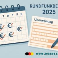 Illustration eines Kalenders und eines Überweisungsformulars, die die Änderungen beim Rundfunkbeitrag 2025 für Überweisungszahler symbolisieren.