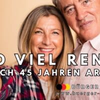 Zwei Personen, die sich umarmen und lachend den Daumen nach oben zeigen; im Vordergrund steht der Text: „So viel Rente nach 45 Jahren Arbeit“. Darunter Hinweise auf das Nachrichtenmagazin Bürger & Geld und die Website www.buerger-geld.org.