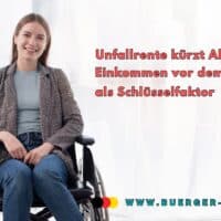 Frau im Rollstuhl sitzt vor hellen Hintergrund. Daneben steht der Text: „Unfallrente kürzt Altersrente: Einkommen vor dem Unfall als Schlüsselfaktor“ sowie die Internetadresse www.buerger-geld.org.
