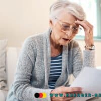 Ältere Frau sitzt nachdenklich auf einem Sofa und hält einen Brief in der Hand; sie wirkt besorgt und prüft offenbar Dokumente zur Rente. Im Vordergrund ist die Webadresse www.buerger-geld.org