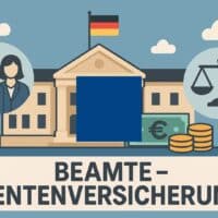 Illustration im Querformat zur Rentenreform-Debatte in Deutschland: Beamte und Symbole wie Euro-Zeichen, Aktenmappen und eine Rentenkasse vor dem Hintergrund des Bundestags. Im Bild steht der Schriftzug „BEAMTE – RENTENVERSICHERUNG“.