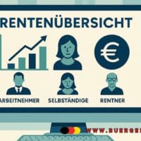 Mehrere Menschen unterschiedlicher Altersgruppen stehen vor einem großen Bildschirm, auf dem eine digitale Rentenübersicht mit verschiedenen Balkendiagrammen und Zahlen zu sehen ist. Das Bild symbolisiert Transparenz, moderne Altersvorsorge und die einfache Übersicht über Rentenansprüche im digitalen Zeitalter.
