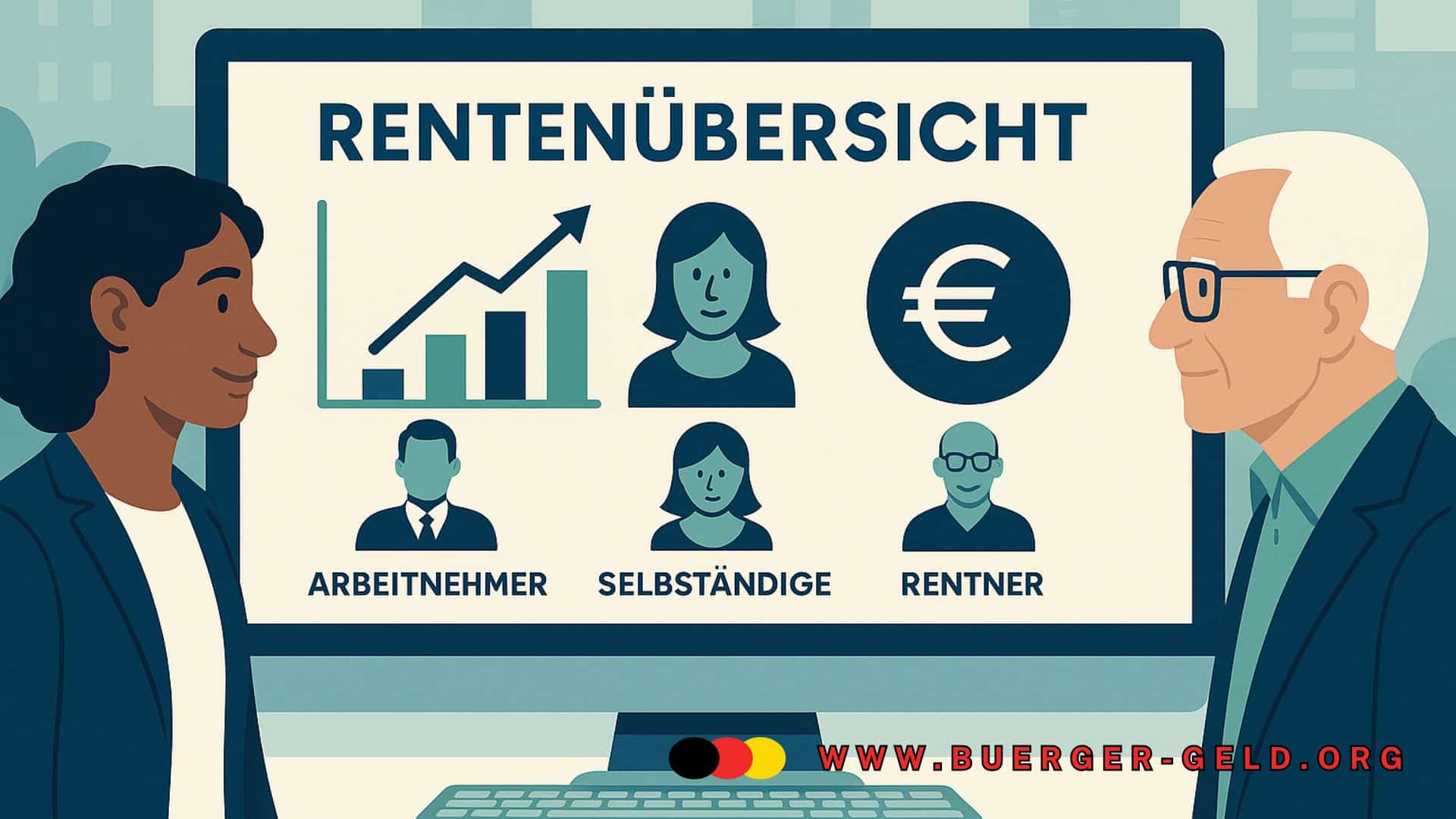 Mehrere Menschen unterschiedlicher Altersgruppen stehen vor einem großen Bildschirm, auf dem eine digitale Rentenübersicht mit verschiedenen Balkendiagrammen und Zahlen zu sehen ist. Das Bild symbolisiert Transparenz, moderne Altersvorsorge und die einfache Übersicht über Rentenansprüche im digitalen Zeitalter.
