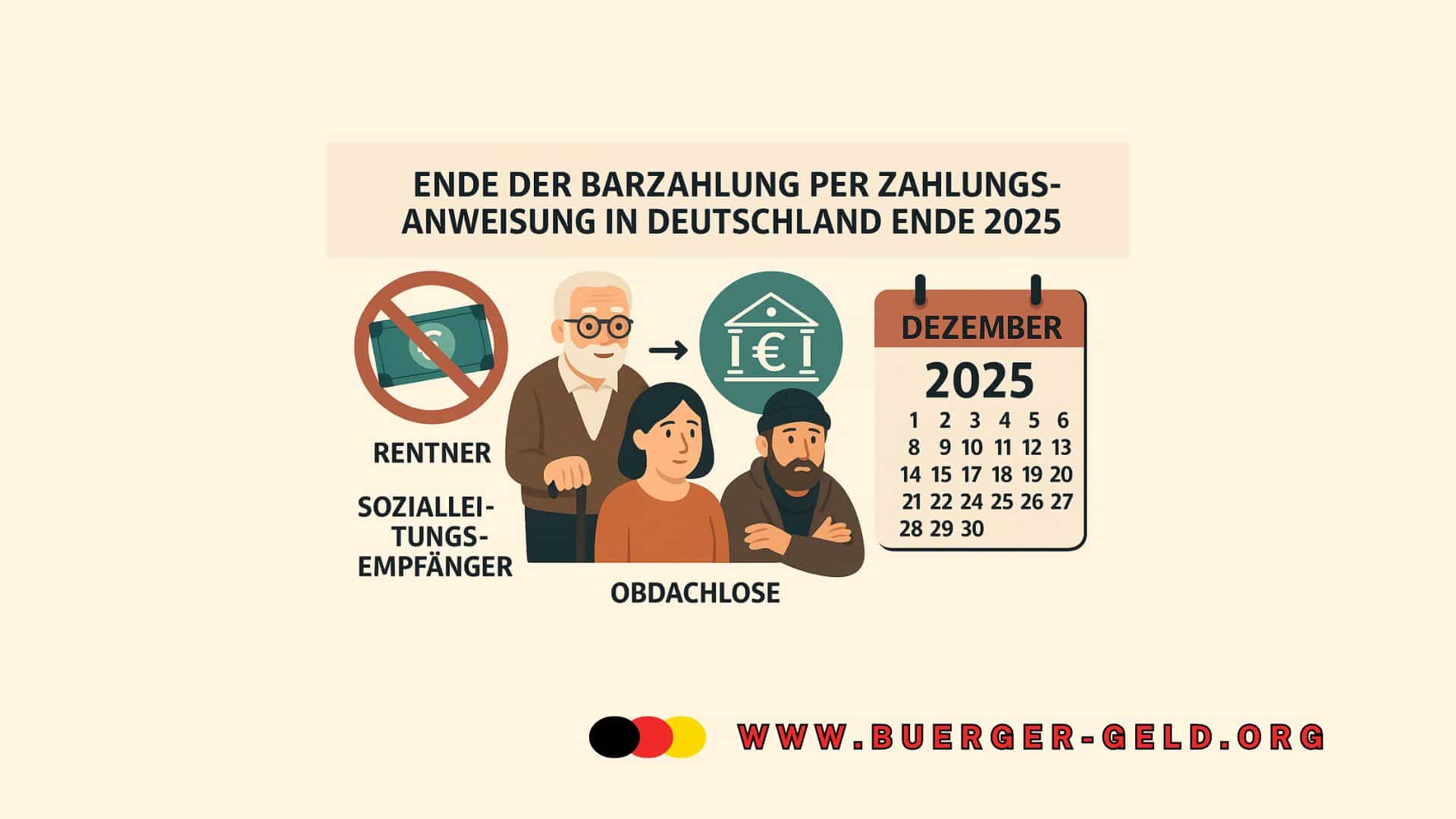 Schautafel mit gezeichneten Menschen und Hinweis auf End der Barauszahlung von Rente und Sozialleistungen