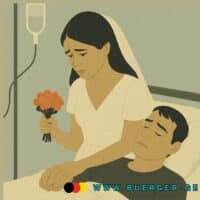 Frau mit Blumenstrauß und Hochzeitskleid am Krankenhausbett des Mannes