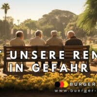 Vier ältere Männer sitzen auf einer Parkbank in einem sonnigen, gepflegten Park und unterhalten sich. Im Vordergrund blühen gelbe Blumen, im Hintergrund sind Bäume und Spaziergänger zu sehen. Im Bild steht in großen Buchstaben: "Ist unsere Rente in Gefahr". Unten rechts befindet sich das Logo von Bürger & Geld sowie die Webadresse www.buerger-geld.org.